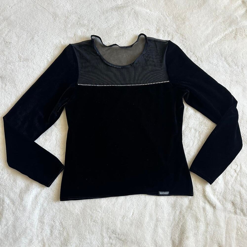 Vintage Y2K Rockie's Black Velvet Rhinstone Trim Long Sleeve Blouse